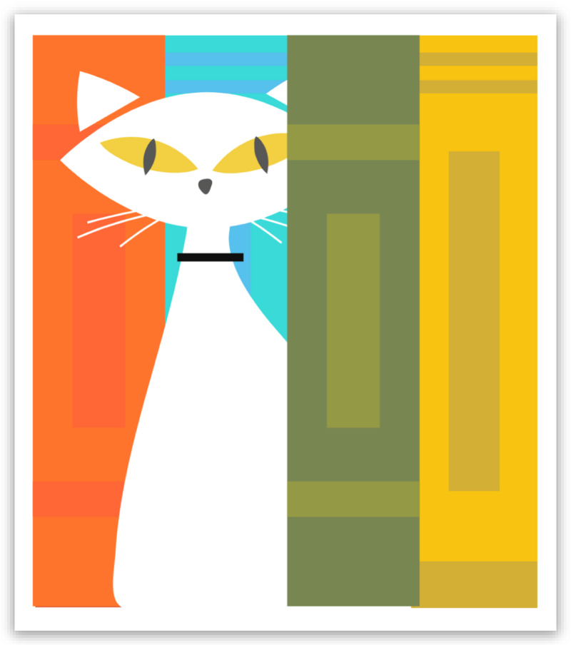 Mid-century style graphic of a white cat amongst four differently colored book spines. 