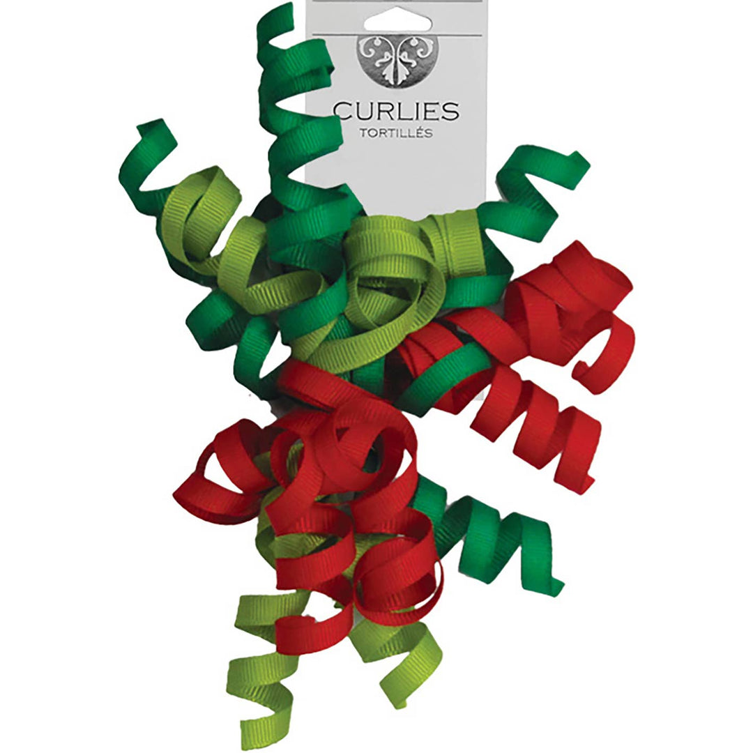 Red, green, and light green grosgrain ribbon curled to form a ribbon topper for a package.