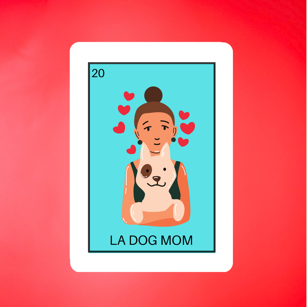 Woman holding dog with red hearts encircling her head on a blue background with white border. The number 20 is in the upper left and "la dog mom" below.