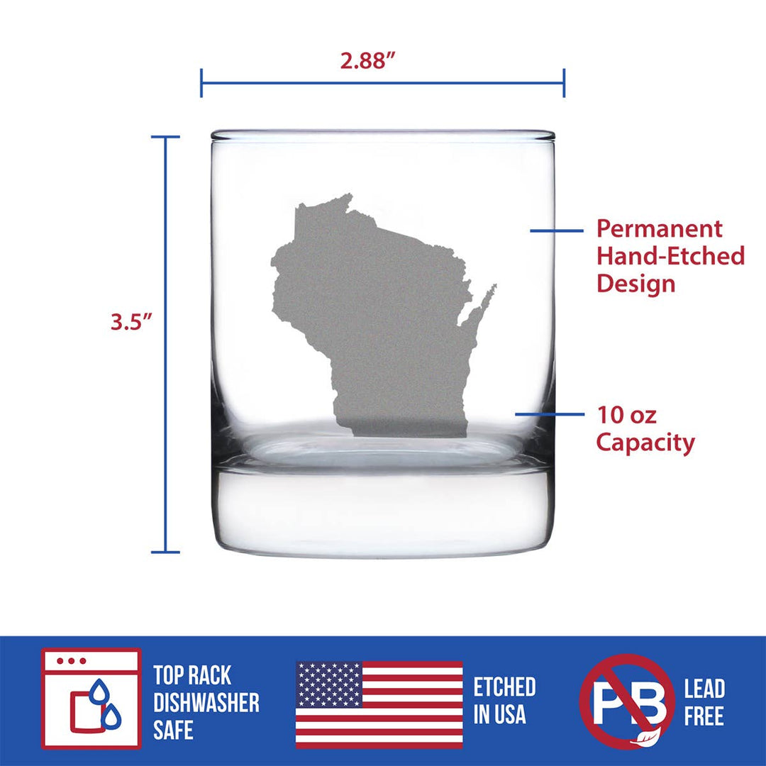 Glass tumbler with Wisconsin etching, measurements, and safety features.