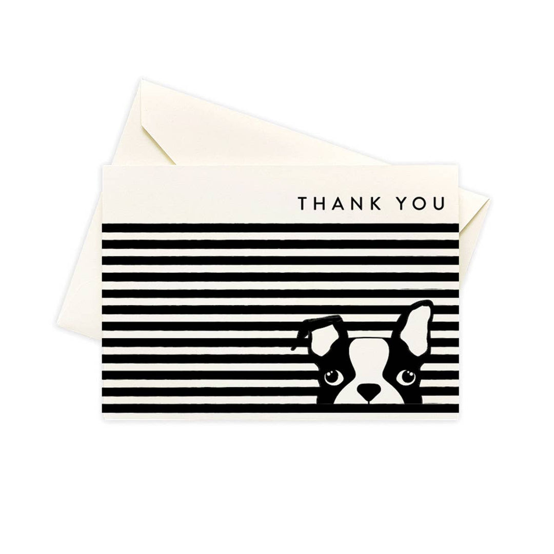 Black and cream striped thank you card with a boxer dog peeking through the stripes and the words 'thank you' at the top.