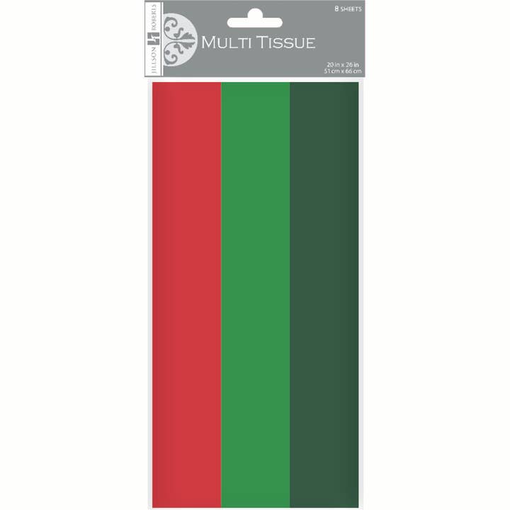 Red, light green, and dark green tissue paper folded together in a cellophane package.
