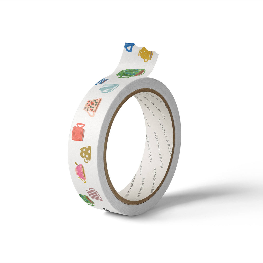 Roll of washi tape with colorful coffee cups and mugs on a white background