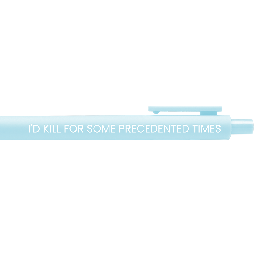 Light blue gel pen with clip and clicker and text in white.