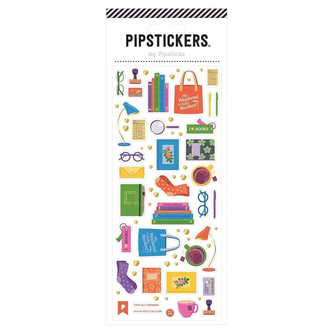 Sheet of book-related stickers, including glasses, mugs, and books.