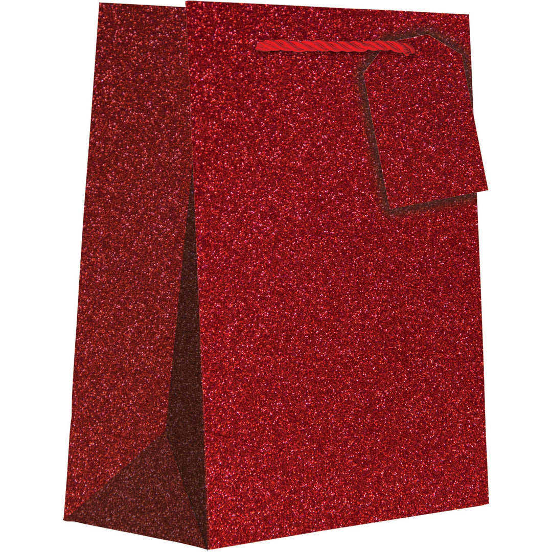 Red glittery gift bag with a red rope handle and matching gift tag.