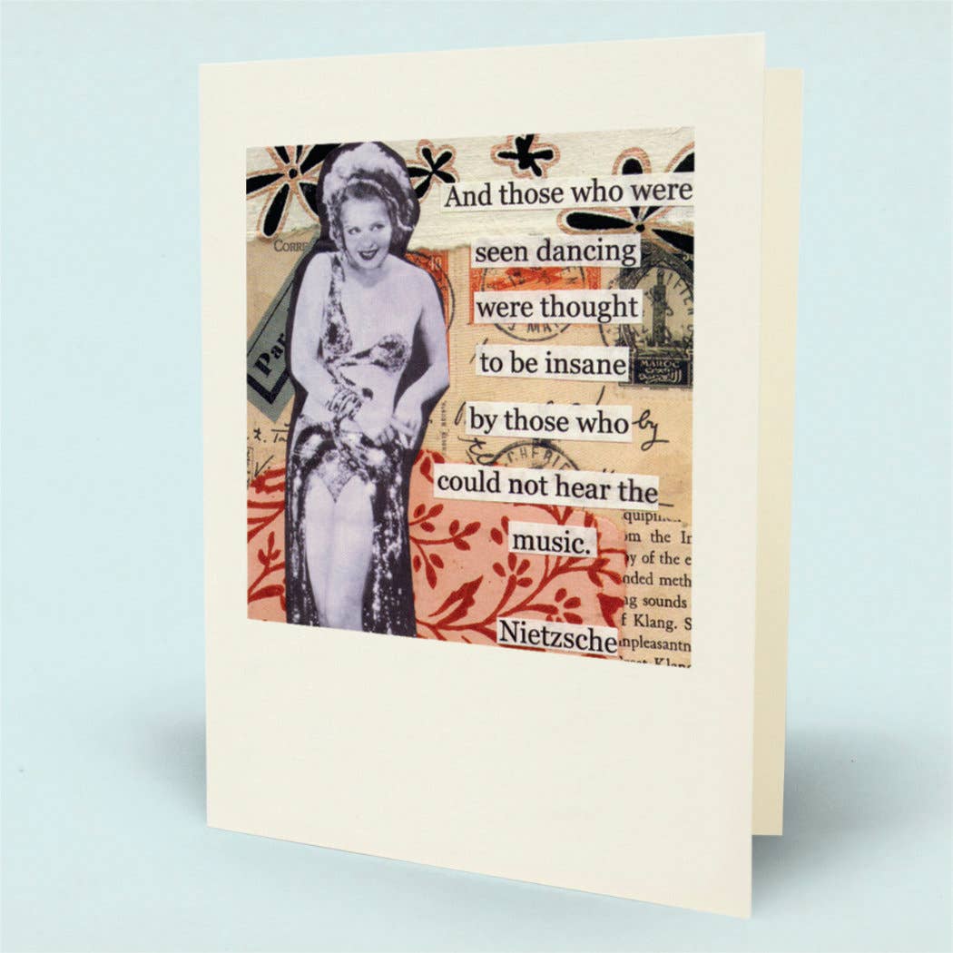 A vertical greeting card with an off-white border and a collage-style front design featuring a vintage photograph of a woman, torn newspaper text, floral motifs, and decorative elements.