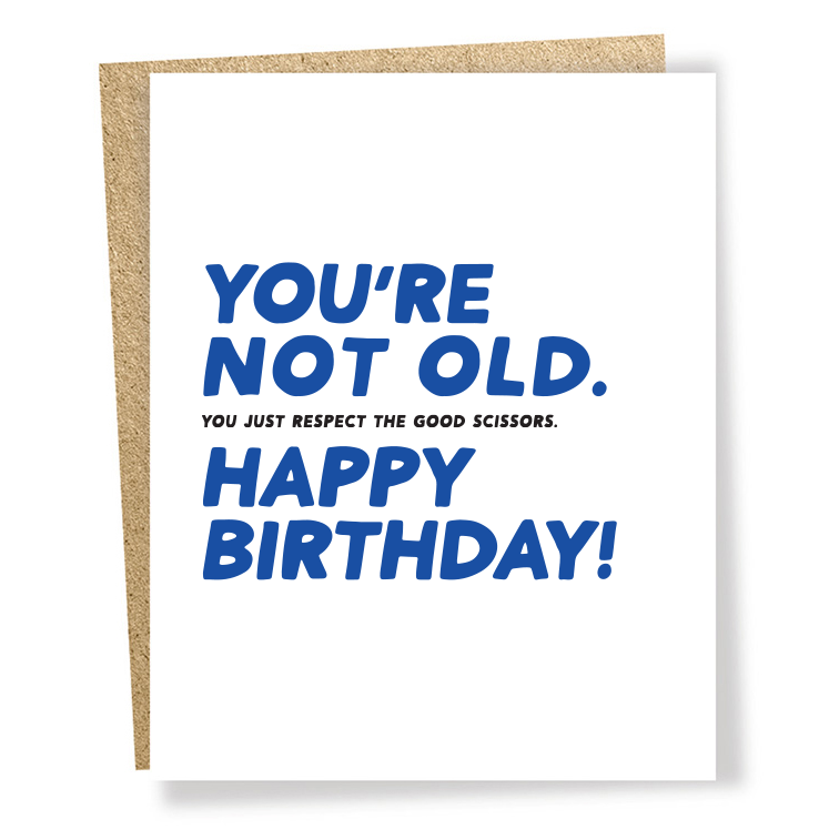 Front of card with blue text in a sans serif font and capital letters on a white background.