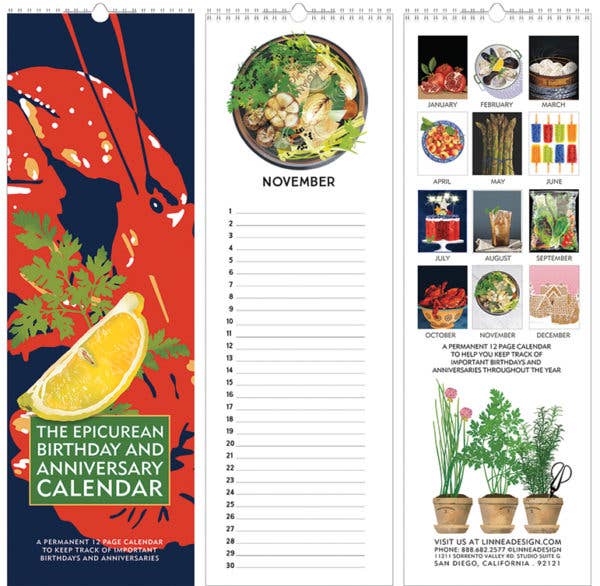 One image showing the cover with a lobster and lemon, a sample month with numbered lines, and the back cover with thumbnail images for the 12 months.