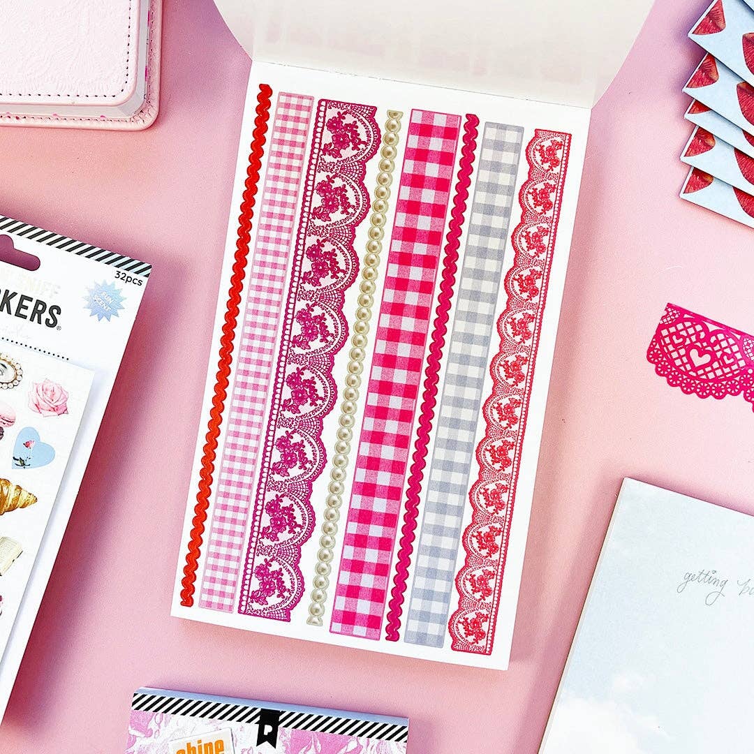 Example page with eights strips of trim in various styles and shades.