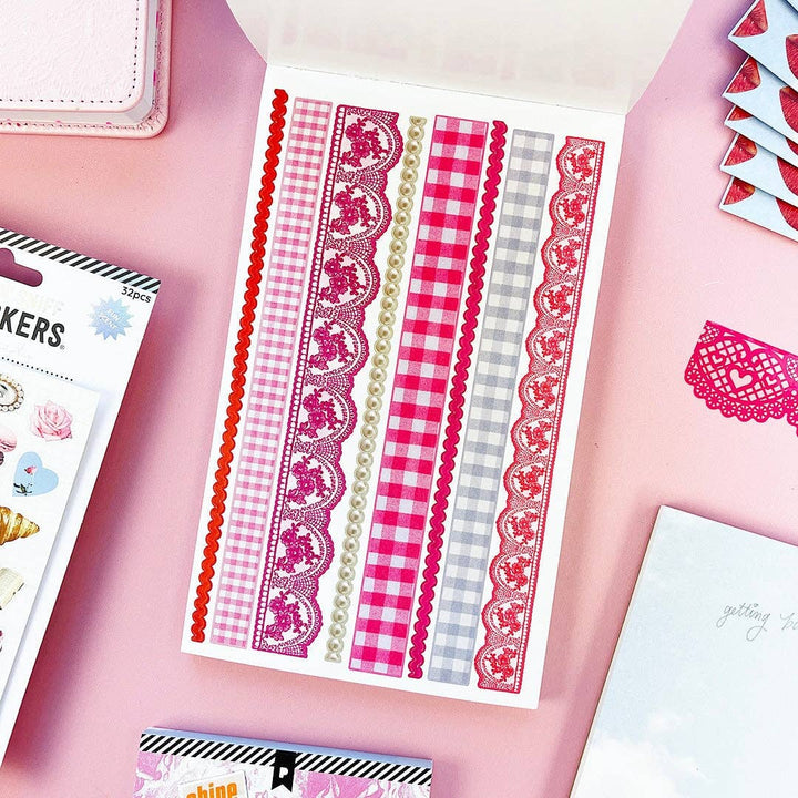 Example page with eights strips of trim in various styles and shades.