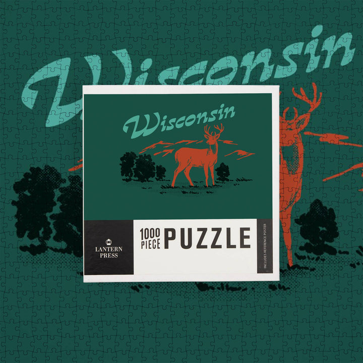 Finished puzzle underneath the square puzzle box.