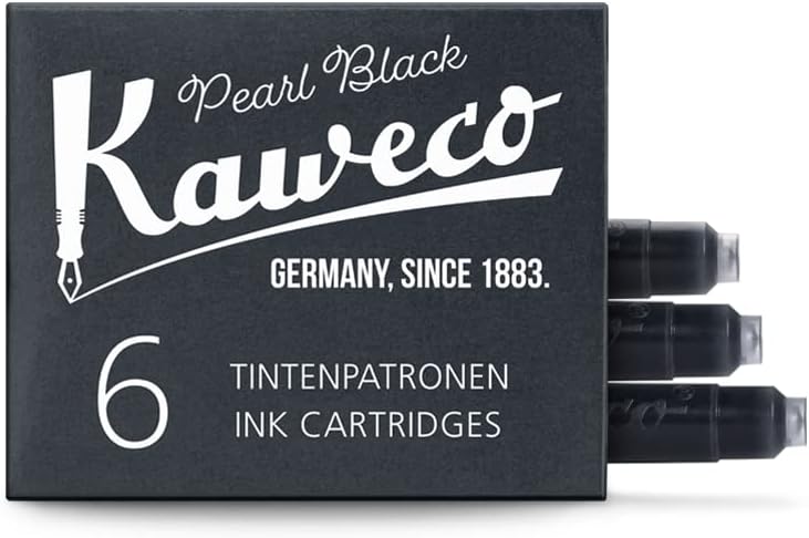 Black box of six Kaweco Pearl Black ink cartridges with three cartridges pulled out of the box and Kaweco branding.