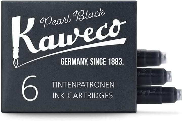 Black box of six Kaweco Pearl Black ink cartridges with three cartridges pulled out of the box and Kaweco branding.