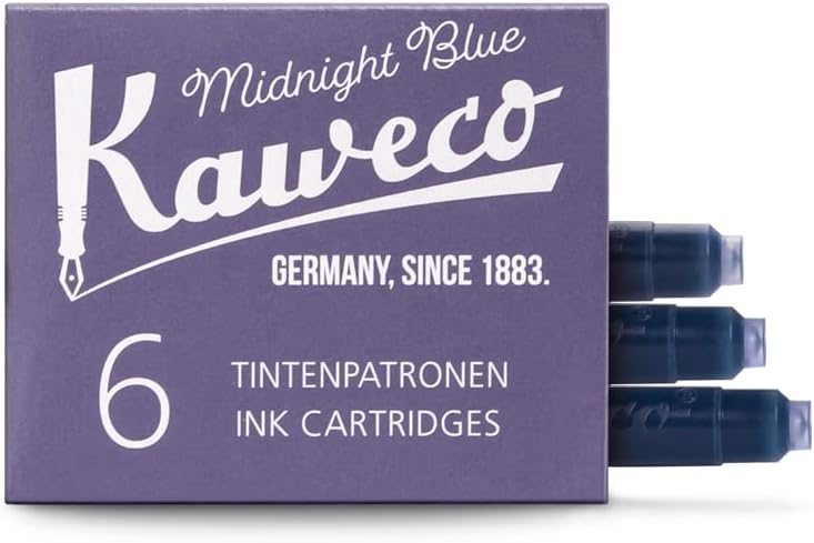 Lilack box of six Kaweco Midnight Blue ink cartridges with three cartridges pulled out of the box and Kaweco branding.
