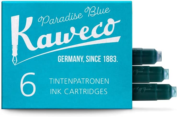 Turquoise box of six Kaweco Paradise Blue ink cartridges with three cartridges pulled out of the box and Kaweco branding.