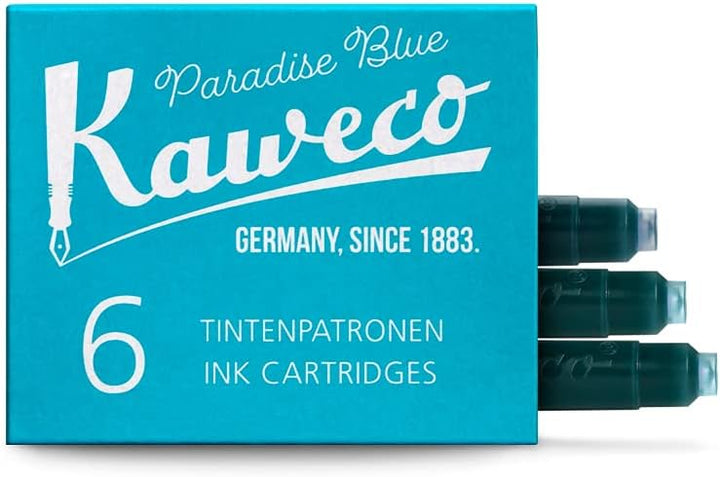 Turquoise box of six Kaweco Paradise Blue ink cartridges with three cartridges pulled out of the box and Kaweco branding.