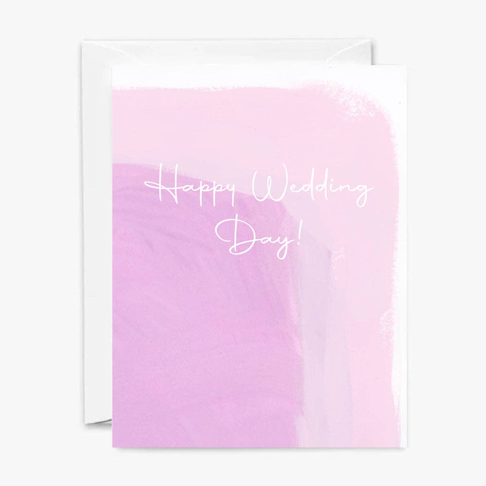 Front of wedding card in an abstrct design of soft purples with white text.