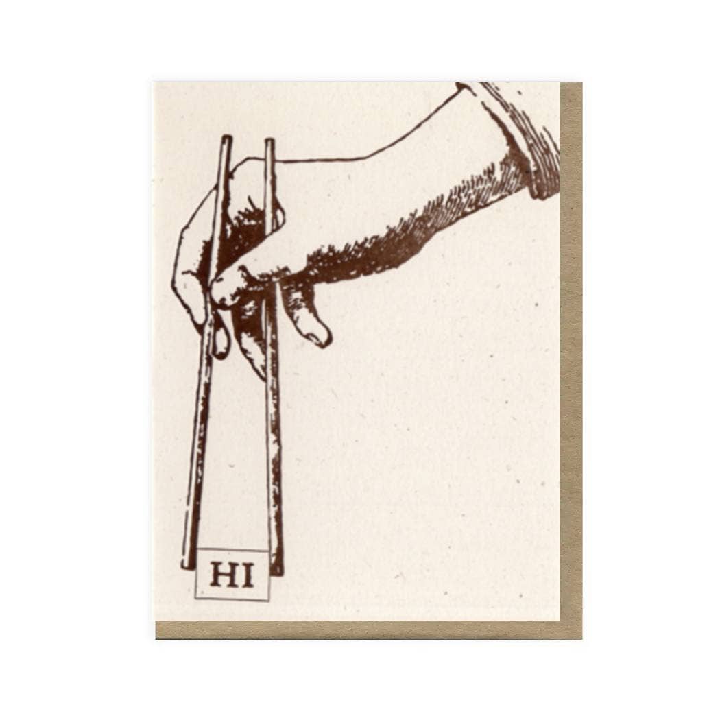 Drawing of a hand holding chopsticks picking up the word 'HI' on a beige background