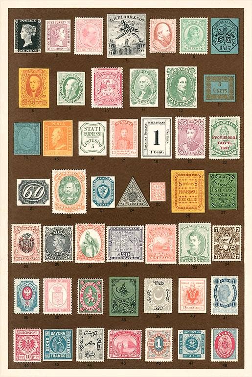 Front of postcard with seven rows of about 7 stamps from around the world.