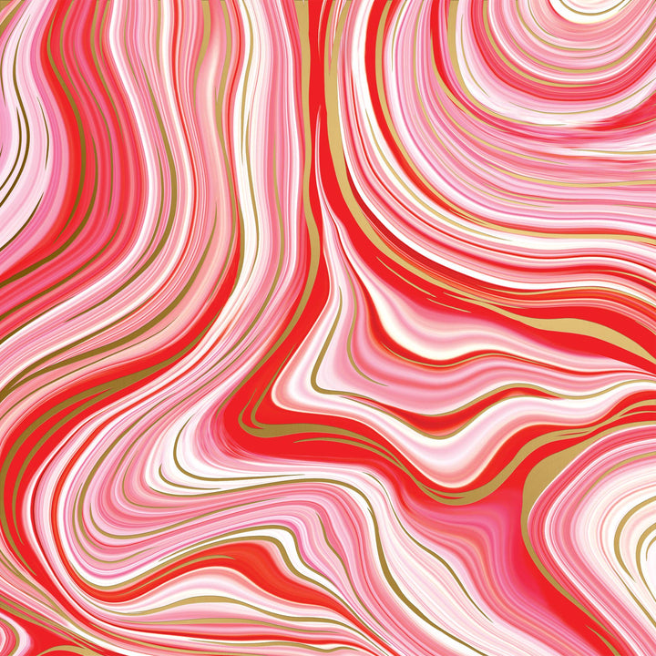 Abstract pattern with wavy lines in red, pink, and gold 