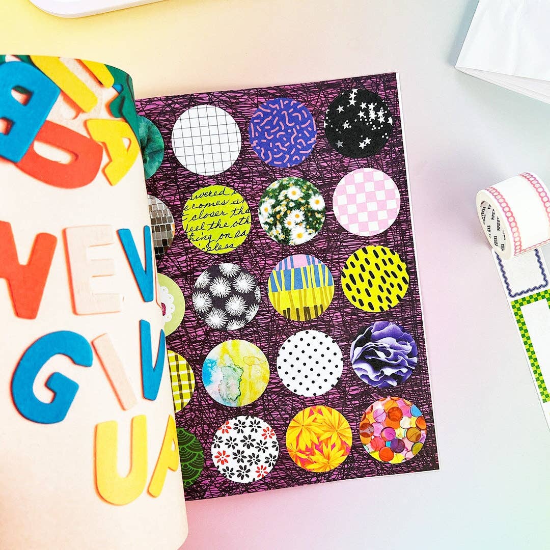 Sample page from sticker book containing circles with various colorful patters.