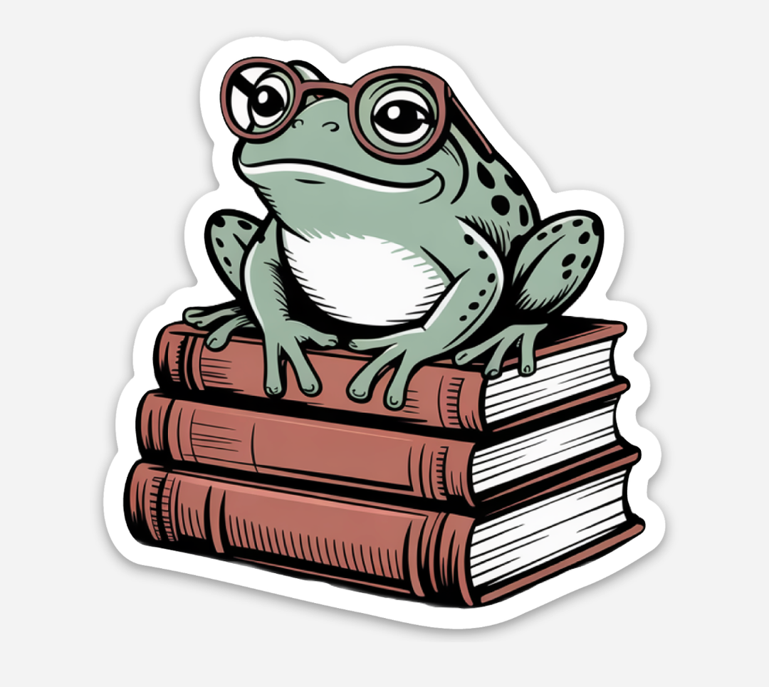 Sticker of a frog wearing glasses sitting on a stack of three books.