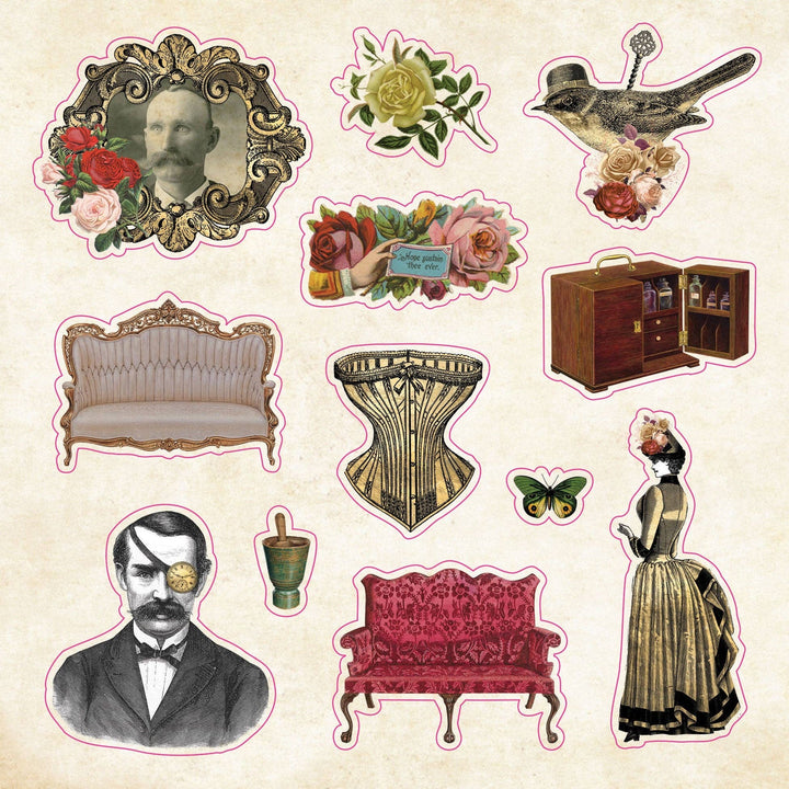 Sample page from sticker book with images from the Victorian era.