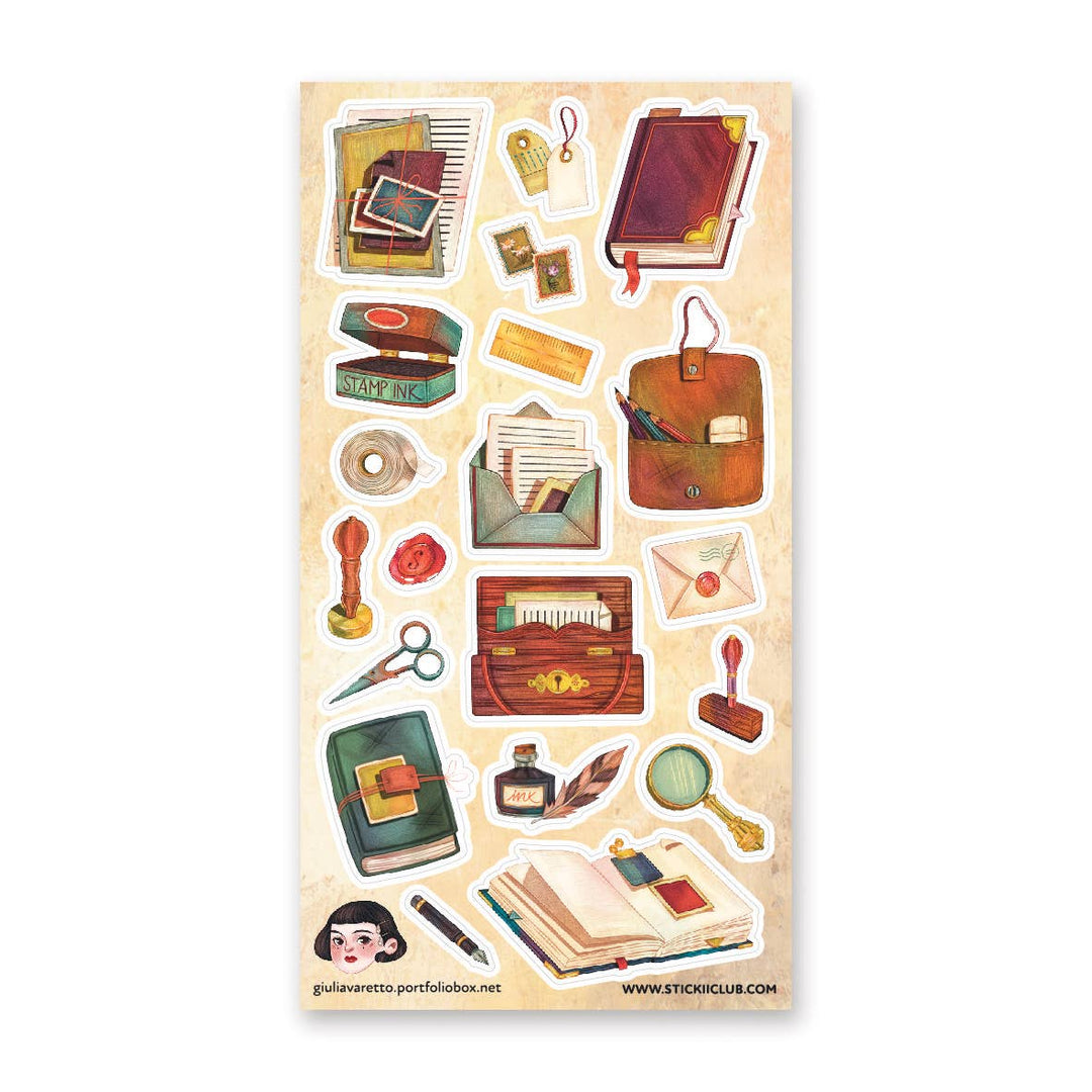 Sheet of about 2 dozen illustrated stickers featuring stationery items 