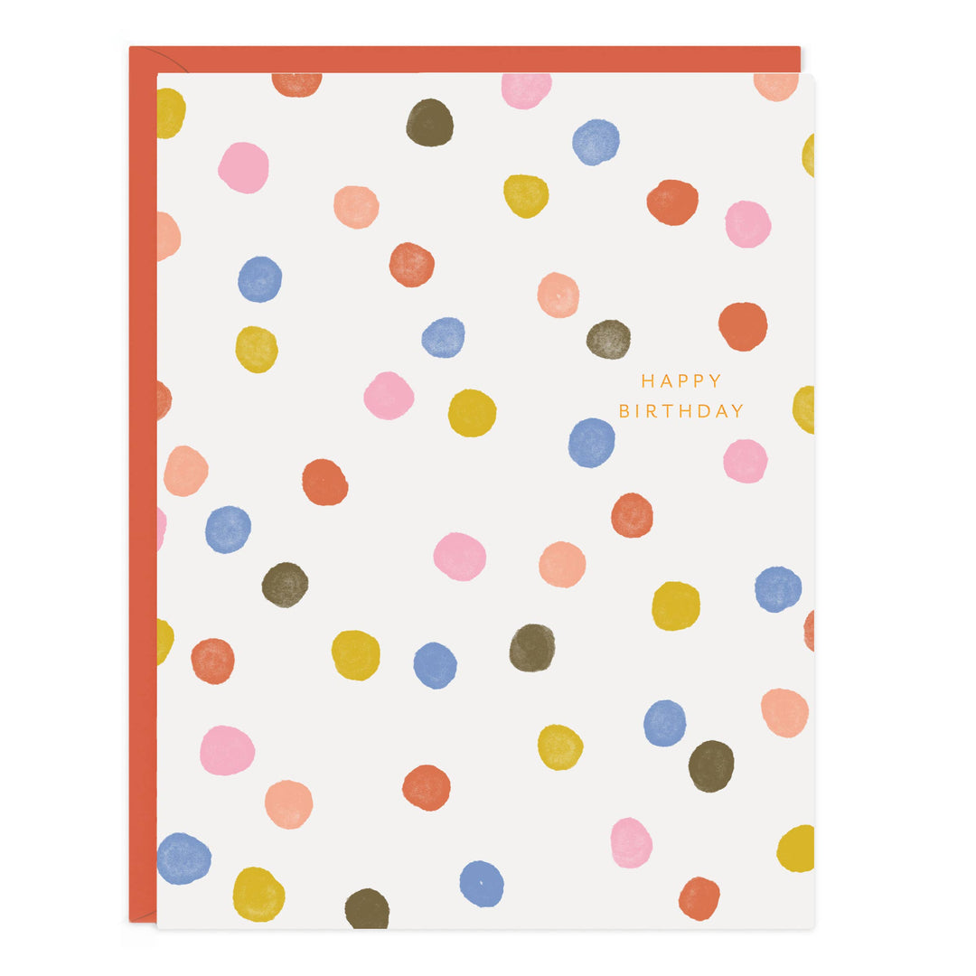 Front of card with colorful polka dots and 'Happy Birthday' text on a white background with red envelope.