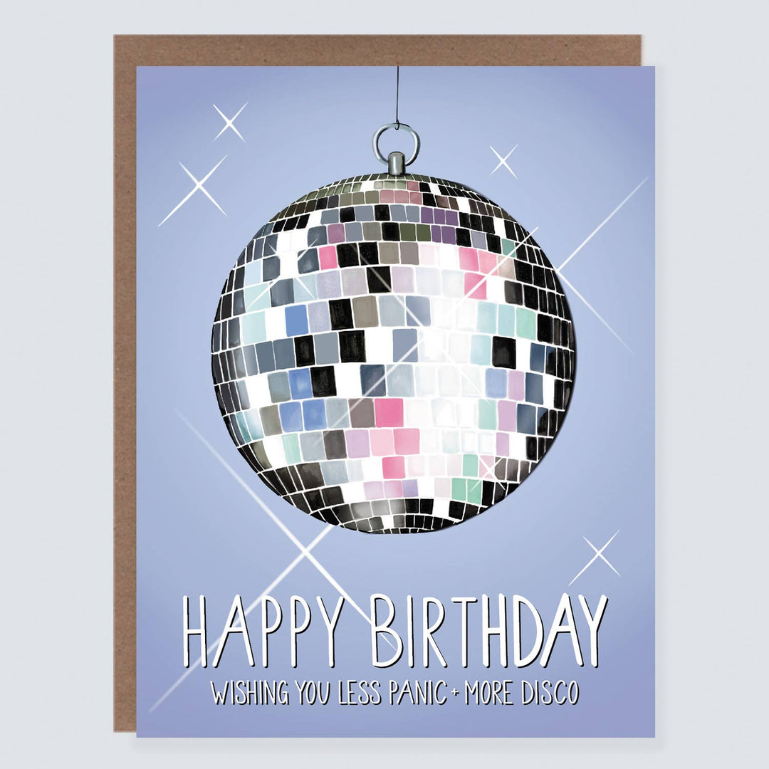 Disco ball with text on a light blue background.