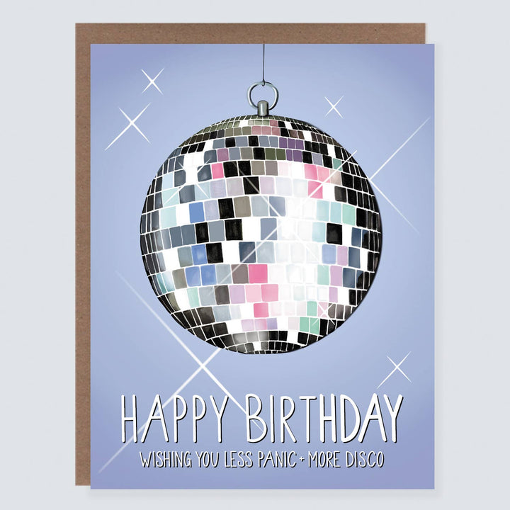 Disco ball with text on a light blue background.