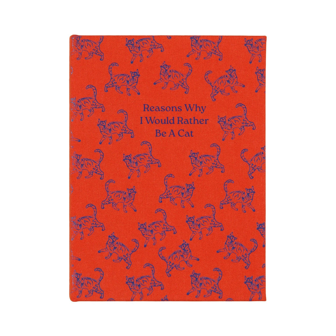 The image of purple cats, some facing left, some right, repeated over the red cover. 