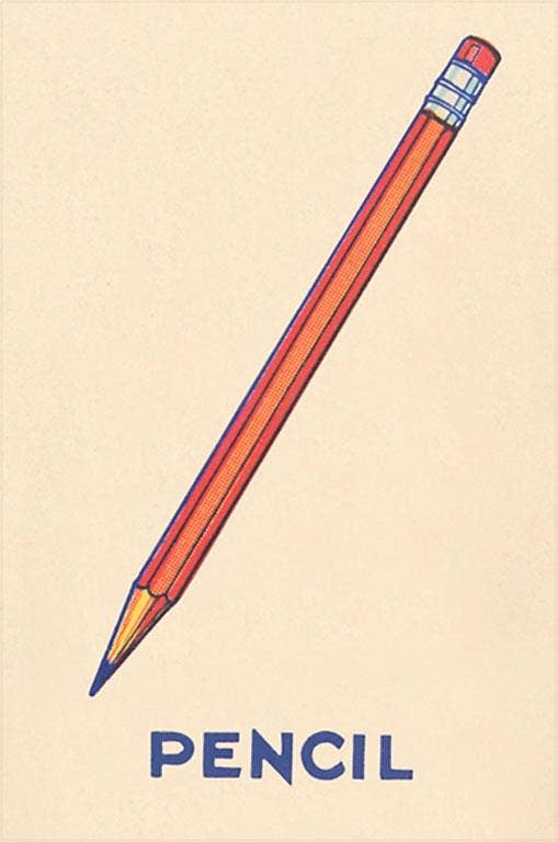 Front of postcard with an illustration of a pencil positioned on a slant about the word 'pencil.'