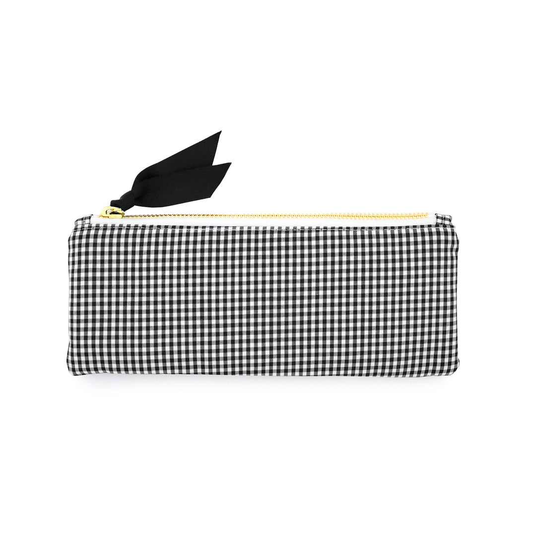 Black and white checkered pouch with a gold zipper and black grograin ribbon zipper pull.