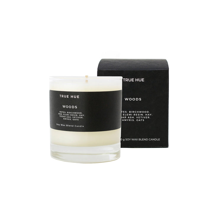True Hue Woods candle with packaging.