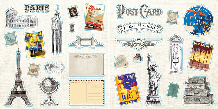 Sample page from sticker book with travel images.