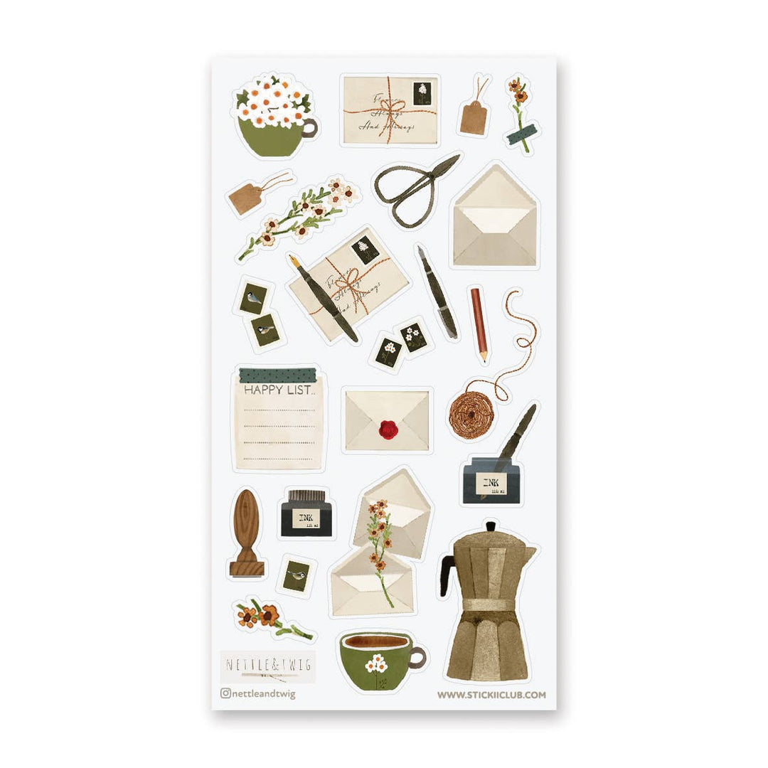 Sheet of decorative stickers with more than 2 dozen stationery items 