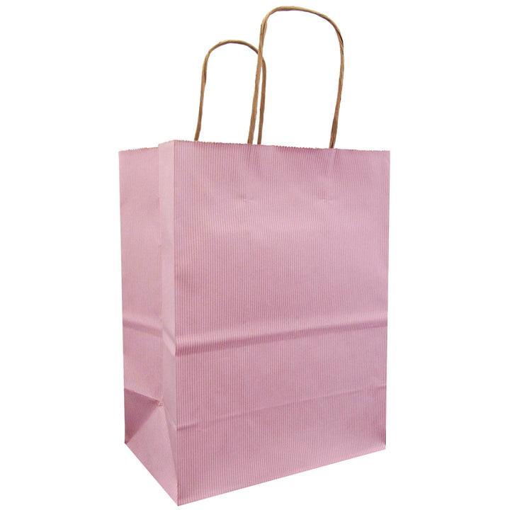 Pink paper bag with brown interior and handles. 