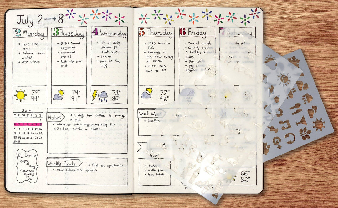 Weekly planner with decorative elements applied using the stencils.