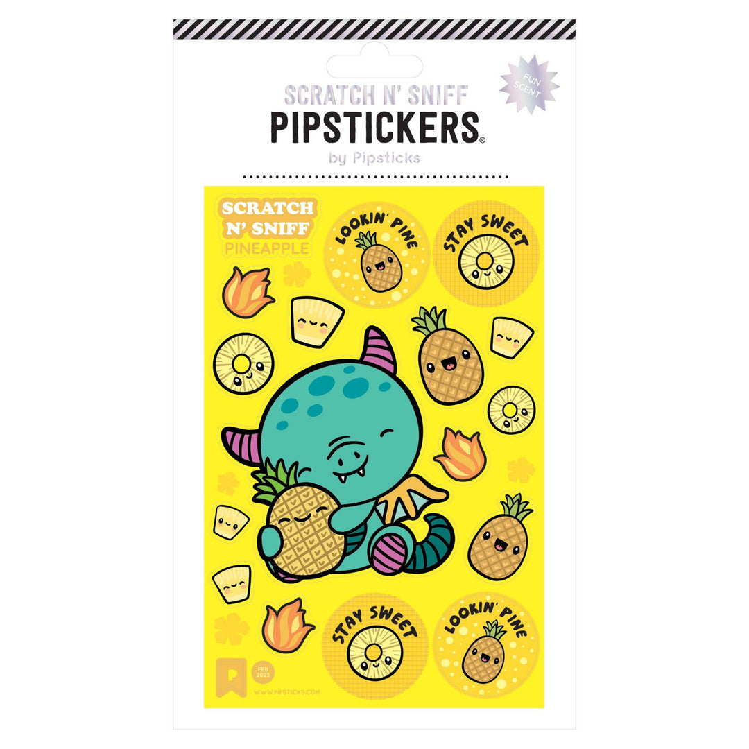 A happy pig hugging a pineapple. 16 objects on the sheet include pineapple slices, cups of juice, and badges.