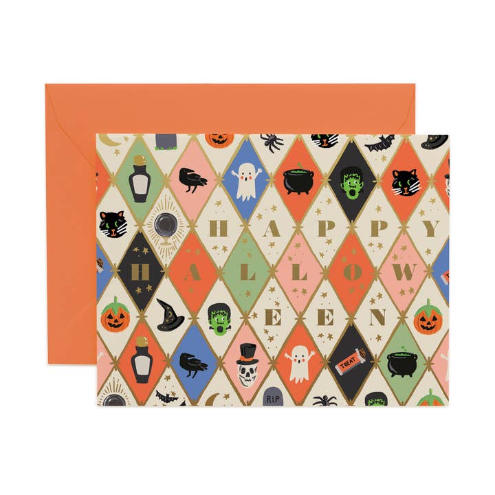 Front of card with gold letters spelling Happy Halloween, and Halloween images in the diamonds that create an argyle pattern.