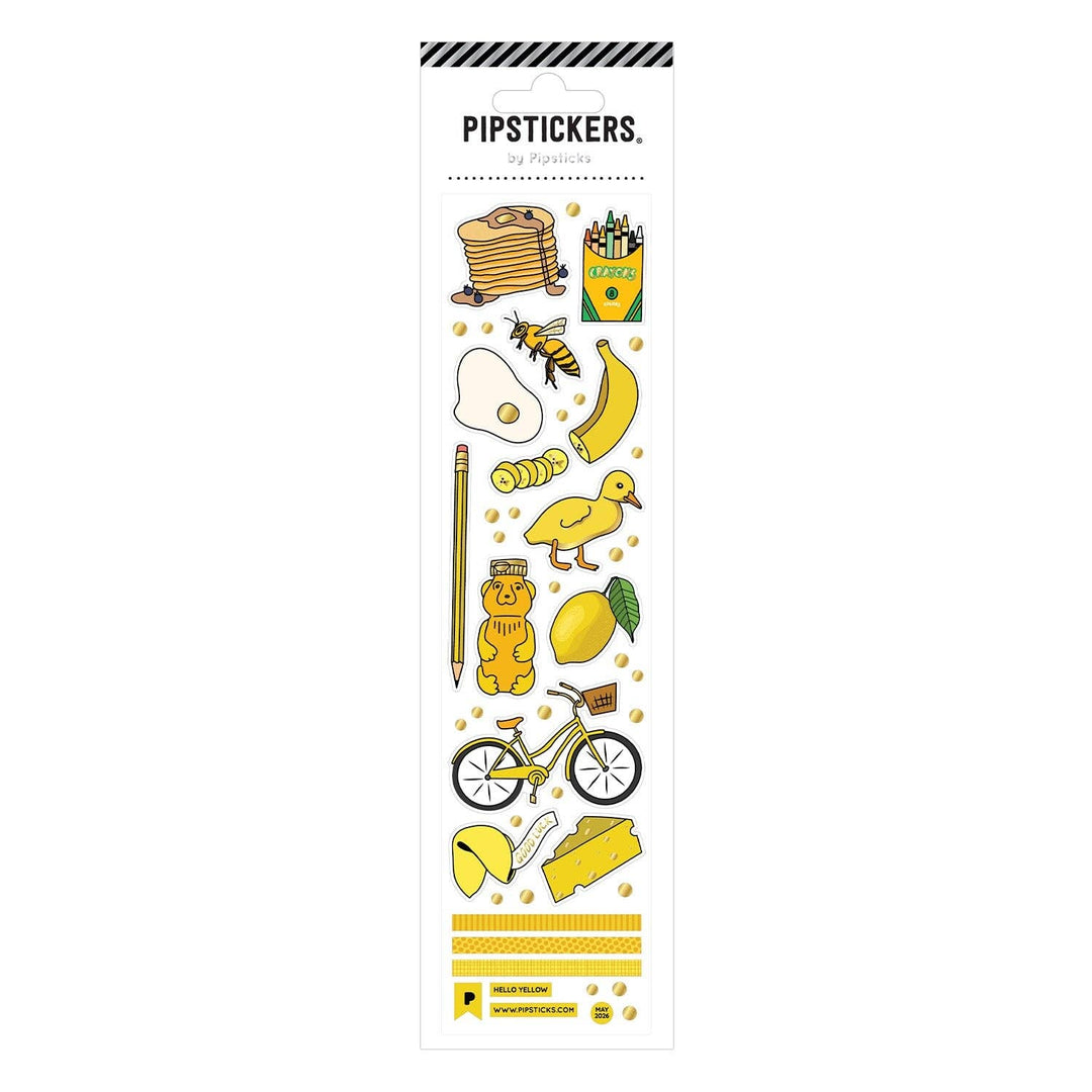 More than a dozen different yellow objects, including cheese, a duck, and a bicycle.