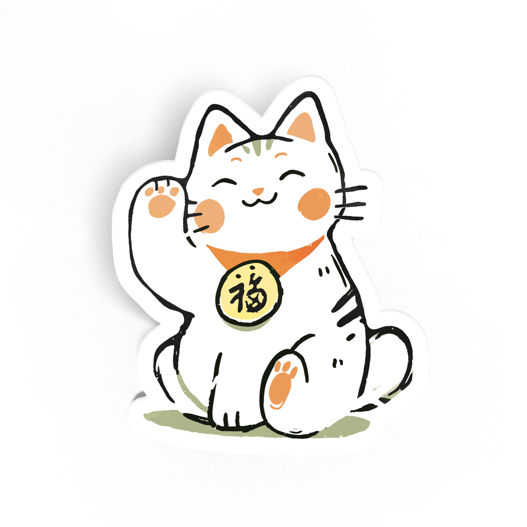 A die-cut sticker featuring a cute cartoon Maneki-neko cat with one raised paw, wearing an orange collar with a gold coin that has a Japanese character, on a white background.
