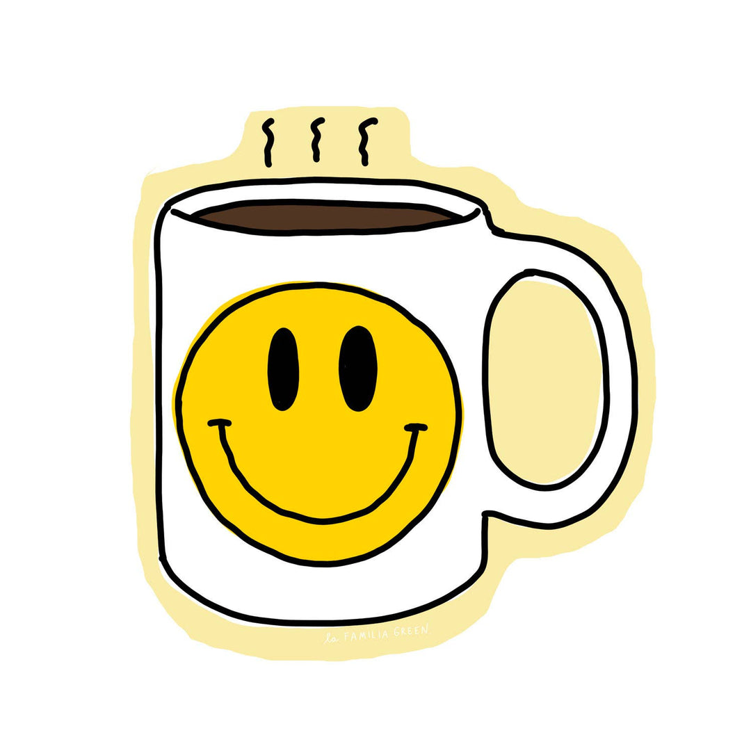 A cartoon-style white coffee mug with a large yellow smiley face on the front, dark brown coffee inside, and three wavy lines indicating steam.
