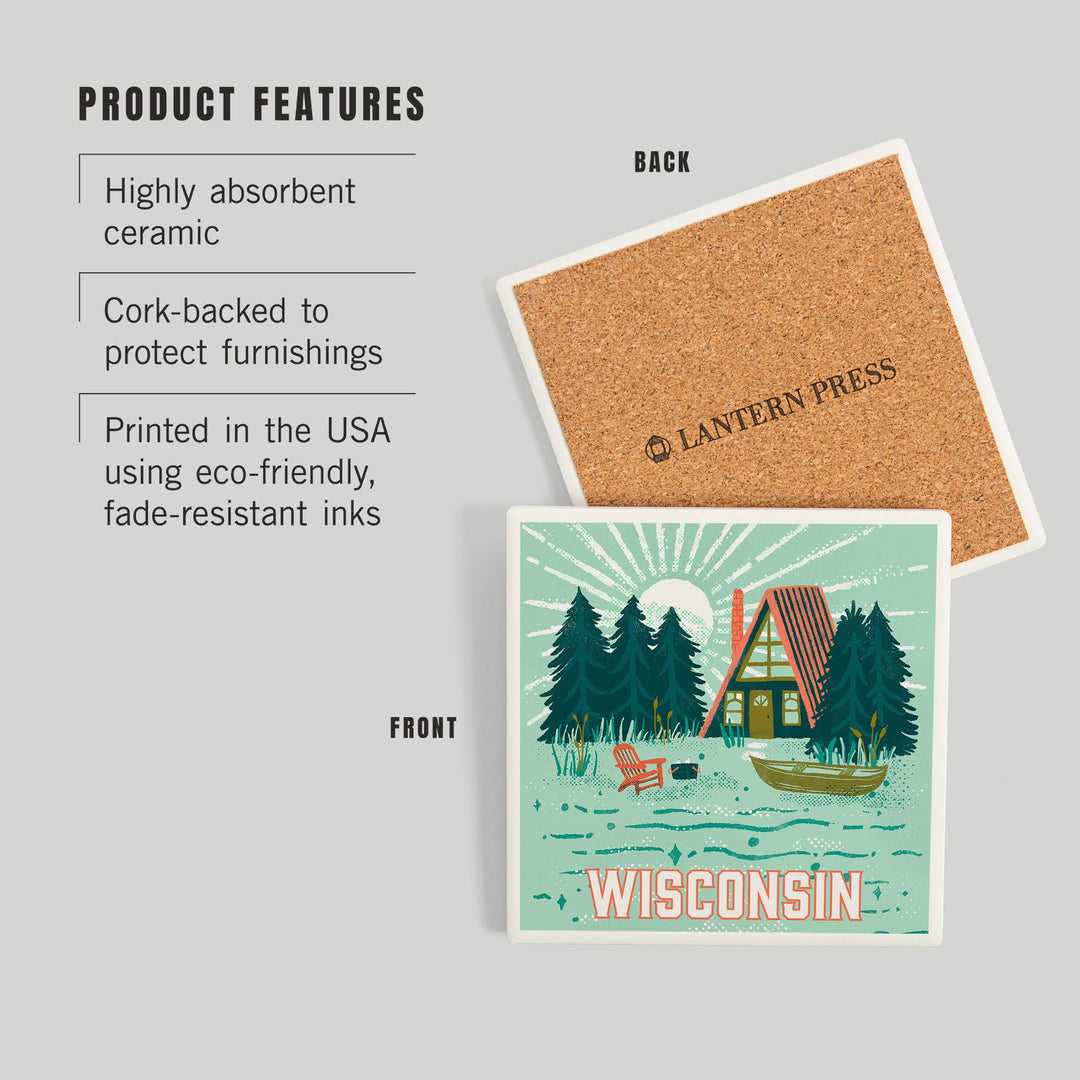 Images of the front and back of the coaster with text listing product features on a gray background.