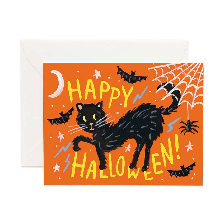Front of the card, with a scrawny black cat looking askance at a spider hanging from its web, and a trio of bats. 
