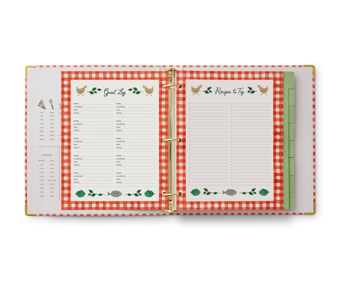 Page on left has spaces to record invited guests. Page on right lists recipes to try.