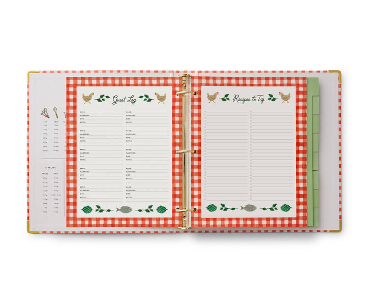 Page on left has spaces to record invited guests. Page on right lists recipes to try.