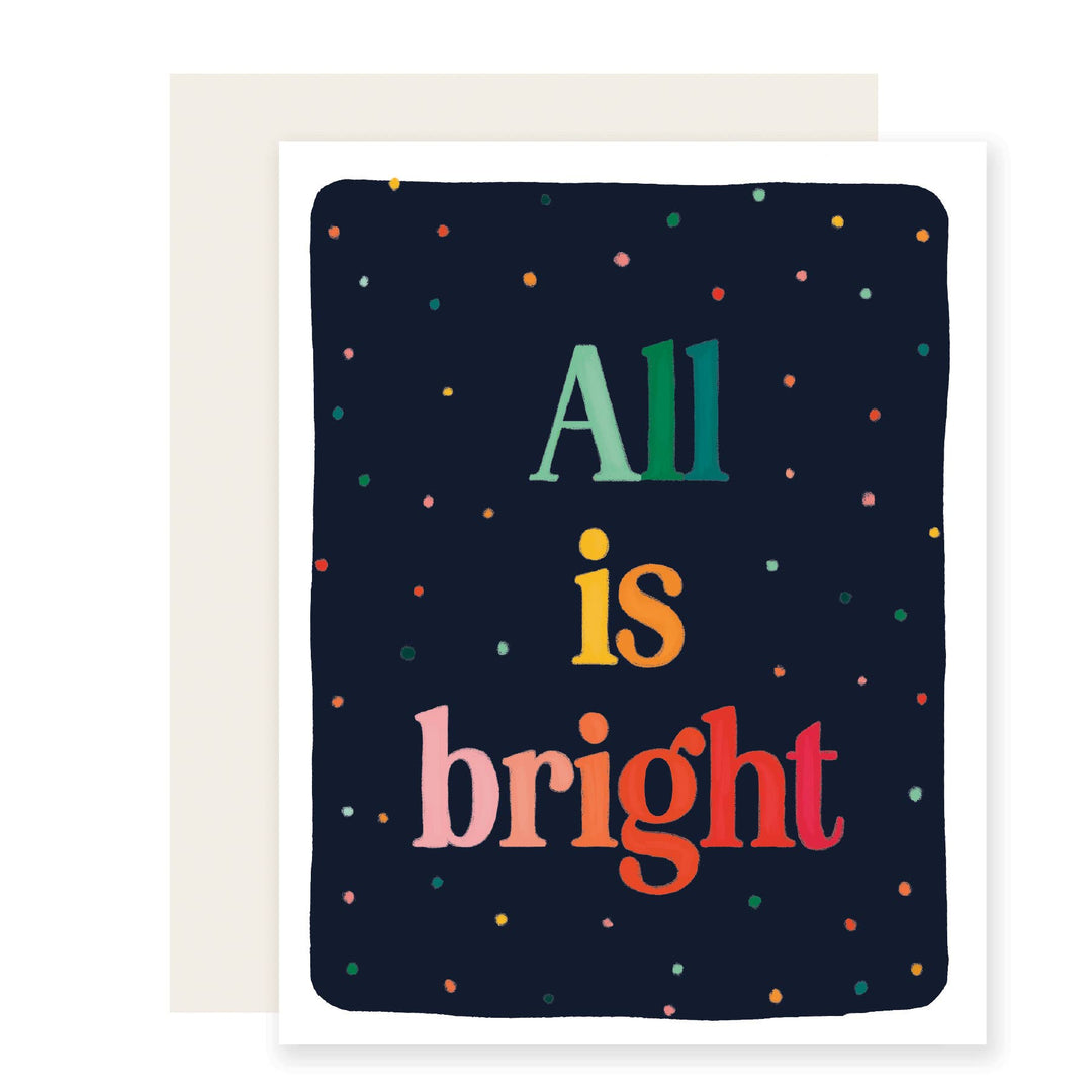 Muli-colored letters on a black card peppered with colored dots.